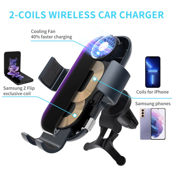 For Samsung Galaxy Z Flip4 / 3 C37 Fan Cooling Dual Coil Car Phone Holder Wireless Charger