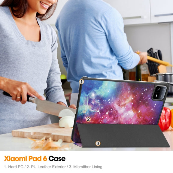 For Xiaomi Pad 6 / 6 Pro Custer Painted 3-Fold Stand Leather Smart Tablet Case(Milky Way)