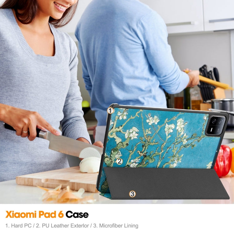 For Xiaomi Pad 6 / 6 Pro Custer Painted 3-Fold Stand Leather Smart Tablet Case(Apricot Blossom) - free shipping - PMC TechLife - Order now!