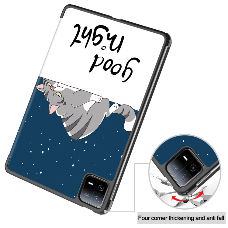 For Xiaomi Pad 6 / 6 Pro Custer Painted 3-Fold Stand Leather Smart Tablet Case(Lazy Cat)
