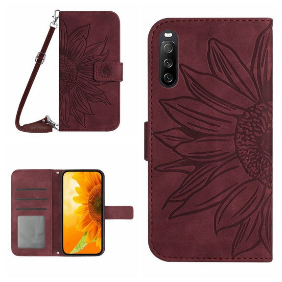 For Sony Xperia 10 V HT04 Skin Feel Sun Flower Embossed Flip Leather Phone Case with Lanyard(Wine Red)