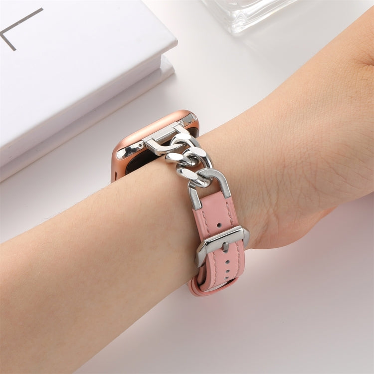 Chain Genuine Leather Watch Band For Apple Watch Series 8&7 41mm / SE 2&6&SE&5&4 40mm / 3&2&1 38mm, Size:S(Pink)