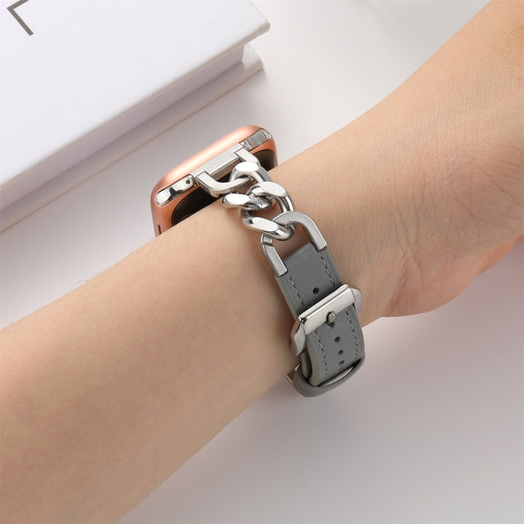 Chain Genuine Leather Watch Band For Apple Watch Series 8&7 41mm / SE 2&6&SE&5&4 40mm / 3&2&1 38mm, Size:S(Grey)