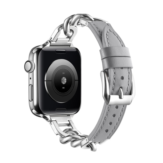 Chain Genuine Leather Watch Band For Apple Watch Series 8&7 41mm / SE 2&6&SE&5&4 40mm / 3&2&1 38mm, Size:S(Grey)