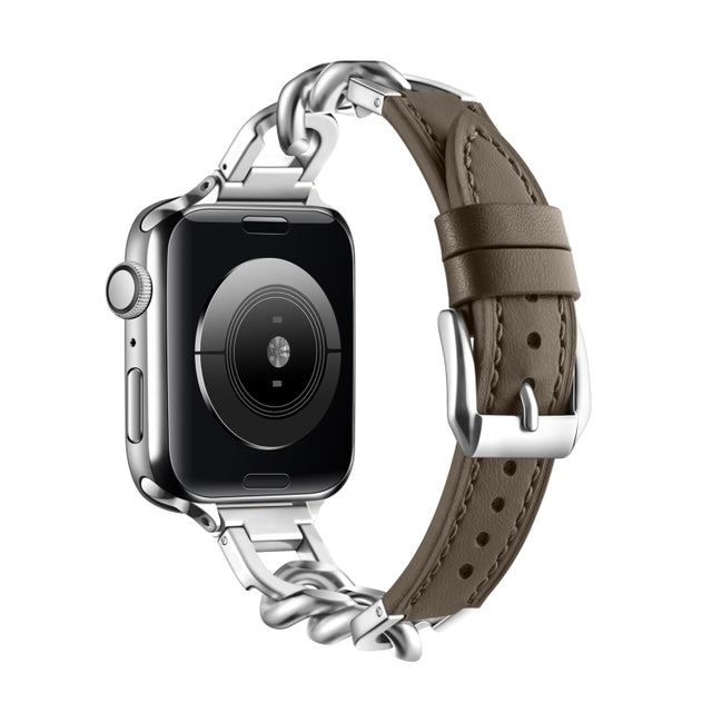 Chain Genuine Leather Watch Band For Apple Watch Series 8&7 41mm / SE 2&6&SE&5&4 40mm / 3&2&1 38mm, Size:L(Dark Brown)