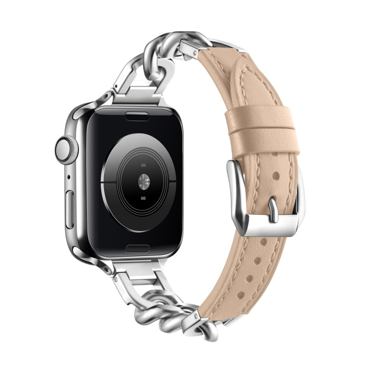 Chain Genuine Leather Watch Band For Apple Watch Ultra 49mm / Series 8&7 45mm / SE 2&6&SE&5&4 44mm / 3&2&1 42mm, Size:S(Apricot) - Smart Wear by PMC TechLife | Online Shopping South Africa | PMC TechLife