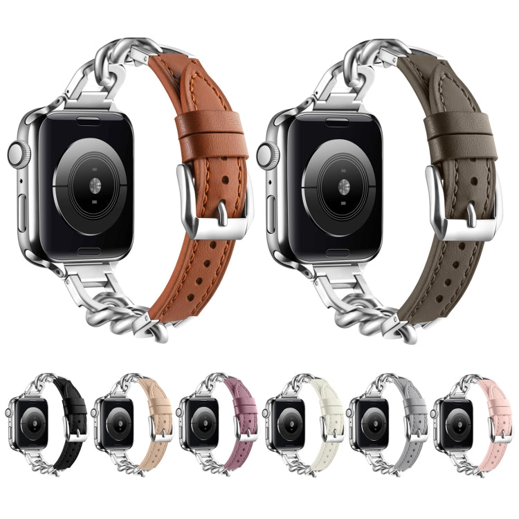 Chain Genuine Leather Watch Band For Apple Watch Ultra 49mm / Series 8&7 45mm / SE 2&6&SE&5&4 44mm / 3&2&1 42mm, Size:L(Black)