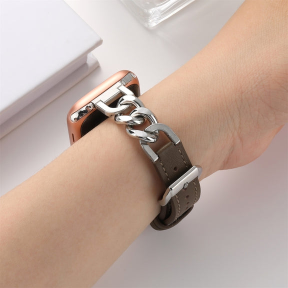 Chain Genuine Leather Watch Band For Apple Watch Ultra 49mm / Series 8&7 45mm / SE 2&6&SE&5&4 44mm / 3&2&1 42mm, Size:L(Dark Brown)
