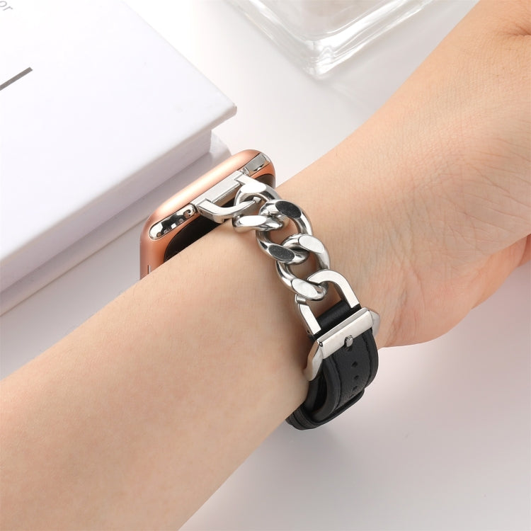 Chain Genuine Leather Watch Band For Apple Watch Ultra 49mm / Series 8&7 45mm / SE 2&6&SE&5&4 44mm / 3&2&1 42mm, Size:L(Black)