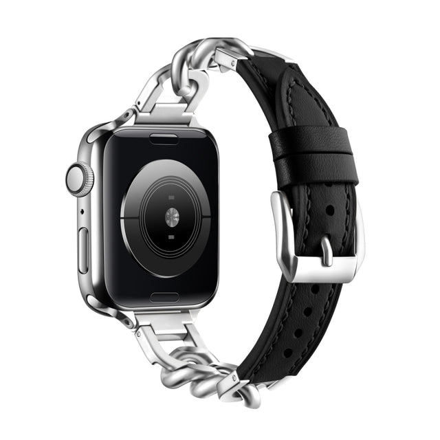 Chain Genuine Leather Watch Band For Apple Watch Ultra 49mm / Series 8&7 45mm / SE 2&6&SE&5&4 44mm / 3&2&1 42mm, Size:L(Black)
