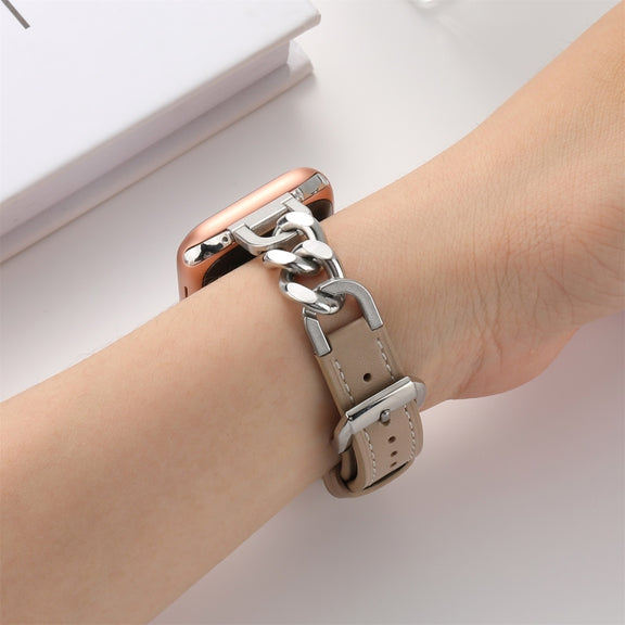 Chain Genuine Leather Watch Band For Apple Watch Ultra 49mm / Series 8&7 45mm / SE 2&6&SE&5&4 44mm / 3&2&1 42mm, Size:L(Apricot)