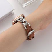 Chain Genuine Leather Watch Band For Apple Watch Ultra 49mm / Series 8&7 45mm / SE 2&6&SE&5&4 44mm / 3&2&1 42mm, Size:L(Brown)