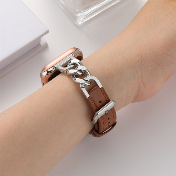 Chain Genuine Leather Watch Band For Apple Watch Ultra 49mm / Series 8&7 45mm / SE 2&6&SE&5&4 44mm / 3&2&1 42mm, Size:L(Brown)