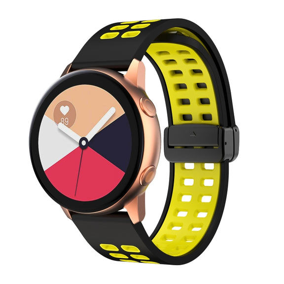 22mm Double-row Hole Folding Black Buckle Two-color Silicone Watch Band(Black Yellow)