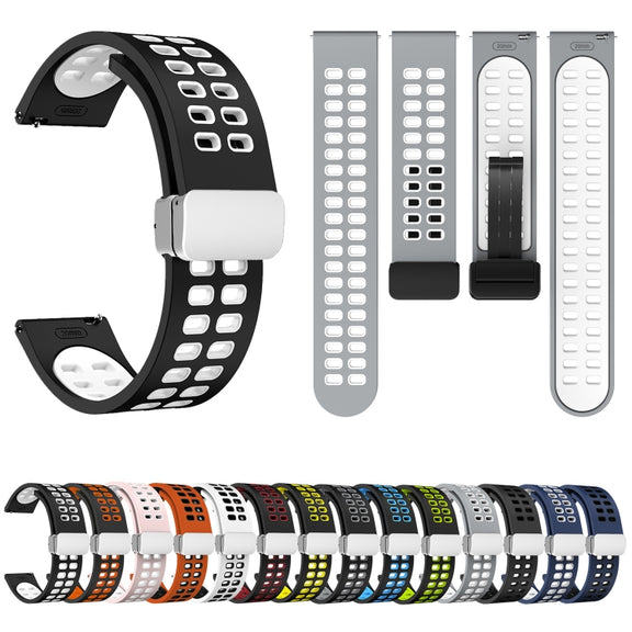 20mm Double-row Hole Folding Silver Buckle Two-color Silicone Watch Band(Black White)