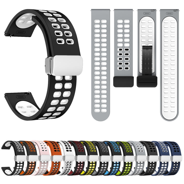 20mm Double-row Hole Folding Silver Buckle Two-color Silicone Watch Band(Black White)