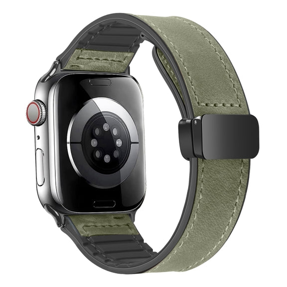 Magnetic Folding Silicone Leather Watch Band For Apple Watch Series 8&7 41mm / SE 2&6&SE&5&4 40mm / 3&2&1 38mm (Army Green)