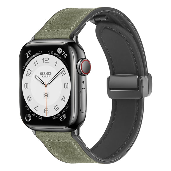 Magnetic Folding Silicone Leather Watch Band For Apple Watch Series 8&7 41mm / SE 2&6&SE&5&4 40mm / 3&2&1 38mm (Army Green)