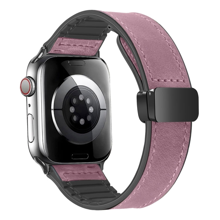 Magnetic Folding Silicone Leather Watch Band For Apple Watch Ultra 49mm / Series 8&7 45mm / SE 2&6&SE&5&4 44mm / 3&2&1 42mm (Rose Pink)