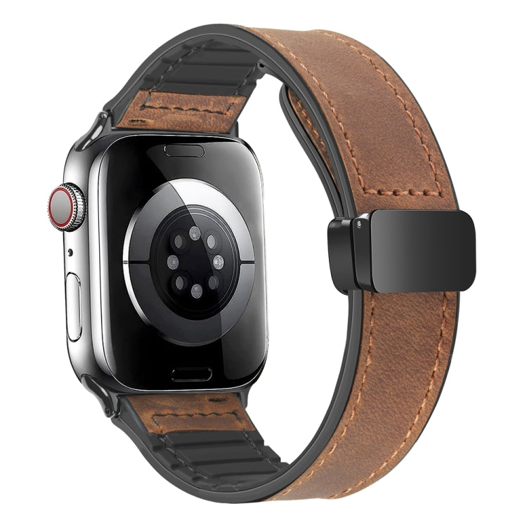 Magnetic Folding Silicone Leather Watch Band For Apple Watch Ultra 49mm / Series 8&7 45mm / SE 2&6&SE&5&4 44mm / 3&2&1 42mm (Dark Brown) - Watch Bands by PMC TechLife | Online Shopping South Africa | PMC TechLife