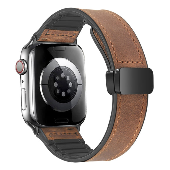 Magnetic Folding Silicone Leather Watch Band For Apple Watch Ultra 49mm / Series 8&7 45mm / SE 2&6&SE&5&4 44mm / 3&2&1 42mm (Dark Brown)