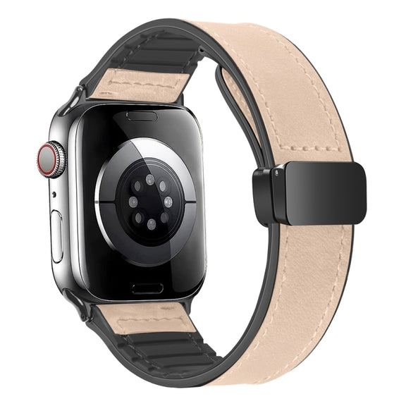 Magnetic Folding Silicone Leather Watch Band For Apple Watch Ultra 49mm / Series 8&7 45mm / SE 2&6&SE&5&4 44mm / 3&2&1 42mm (Apricot)