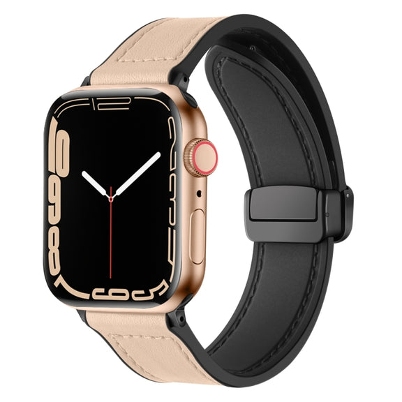 Magnetic Folding Silicone Leather Watch Band For Apple Watch Ultra 49mm / Series 8&7 45mm / SE 2&6&SE&5&4 44mm / 3&2&1 42mm (Apricot)