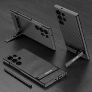 For Samsung Galaxy S23 Ultra 5G GKK Triumph Ultra-Thin Plain Leather Phone Case with Holder(Carbon Fiber)
