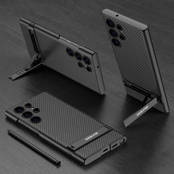 For Samsung Galaxy S23 Ultra 5G GKK Triumph Ultra-Thin Plain Leather Phone Case with Holder(Carbon Fiber)