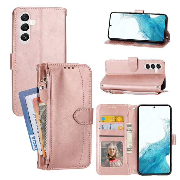 For Samsung Galaxy A14 5G Oil Skin Zipper Wallet Leather Phone Case(Rose Gold)