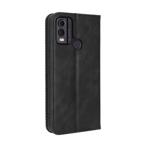 For Nokia C22 Magnetic Buckle Retro Texture Leather Phone Case(Black)