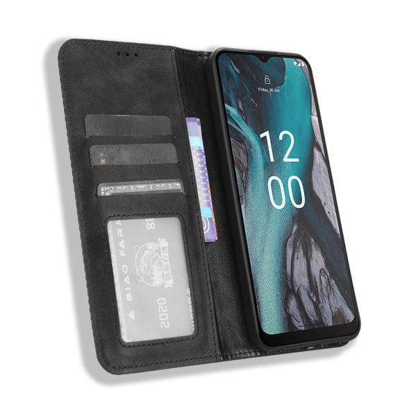 For Nokia C22 Magnetic Buckle Retro Texture Leather Phone Case(Black)