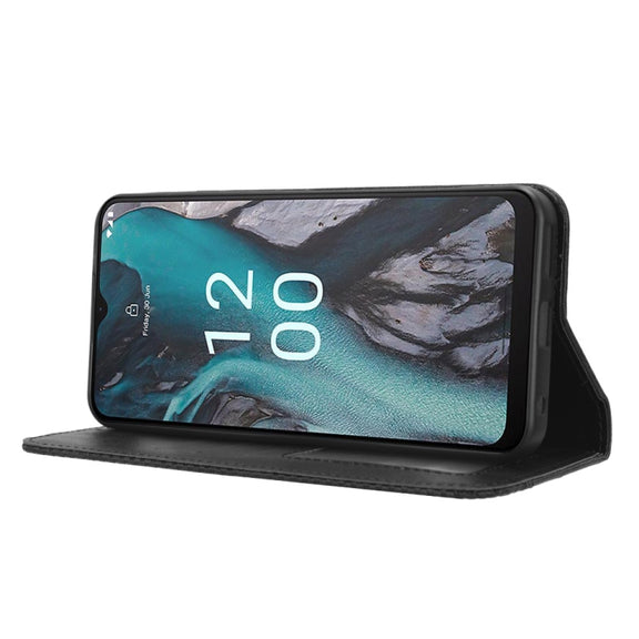 For Nokia C22 Magnetic Buckle Retro Texture Leather Phone Case(Black)