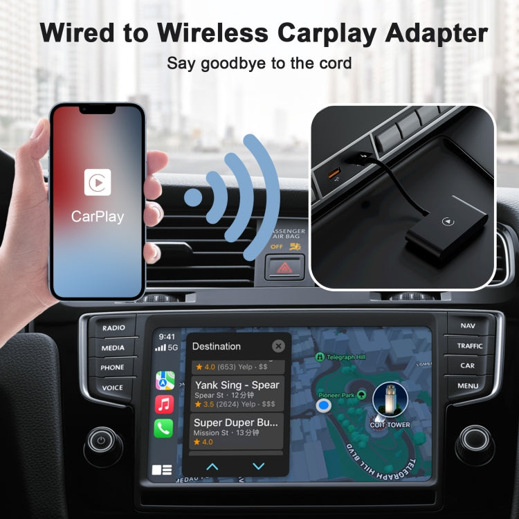 THT-020-2 USB + USB-C / Type-C Wired to Wireless Carplay Adapter for iPhone(Black)