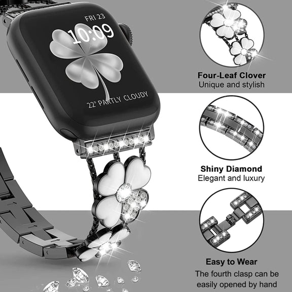 For Apple Watch 7 45mm Petal Metal Diamond Watch Band(Black+White)