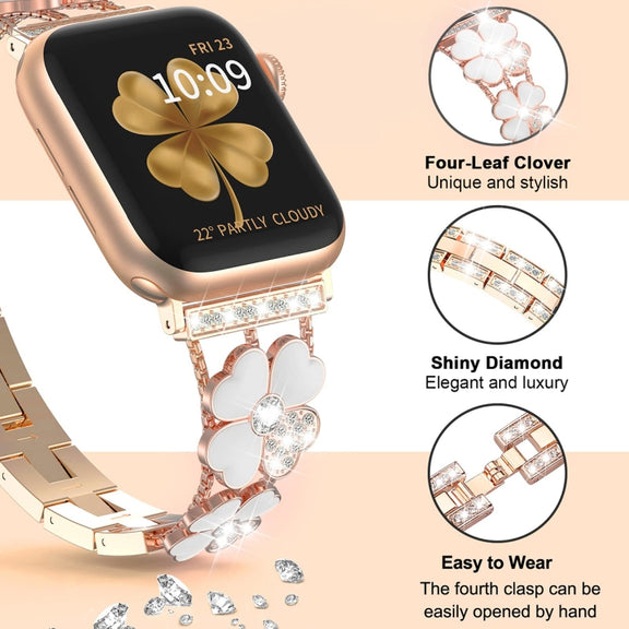 For Apple Watch 7 45mm Petal Metal Diamond Watch Band(Rose Gold+White)