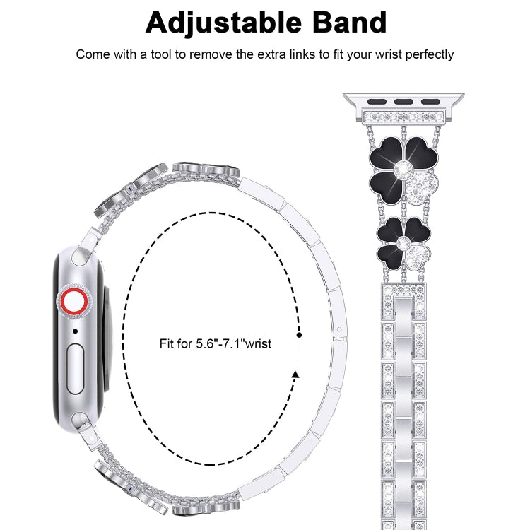 For Apple Watch SE 44mm Petal Metal Diamond Watch Band(Silver+Black)