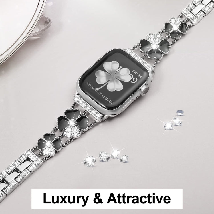 For Apple Watch SE 44mm Petal Metal Diamond Watch Band(Silver+Black)