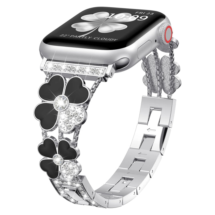 For Apple Watch 5 44mm Petal Metal Diamond Watch Band(Sliver+Black) -  by PMC TechLife | Online Shopping South Africa | PMC TechLife