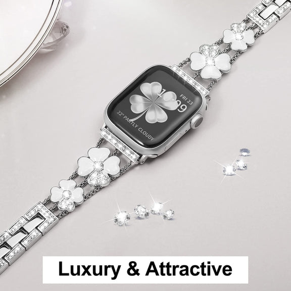 For Apple Watch 3 42mm Petal Metal Diamond Watch Band(Silver+White)
