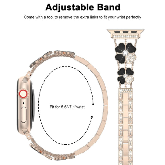 For Apple Watch 38mm Petal Metal Diamond Watch Band(Rose Gold+Black)