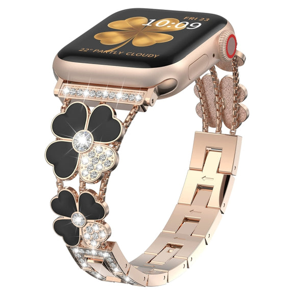 For Apple Watch 38mm Petal Metal Diamond Watch Band(Rose Gold+Black)