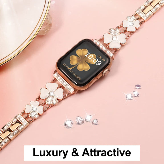 For Apple Watch 38mm Petal Metal Diamond Watch Band(Rose Gold+White)