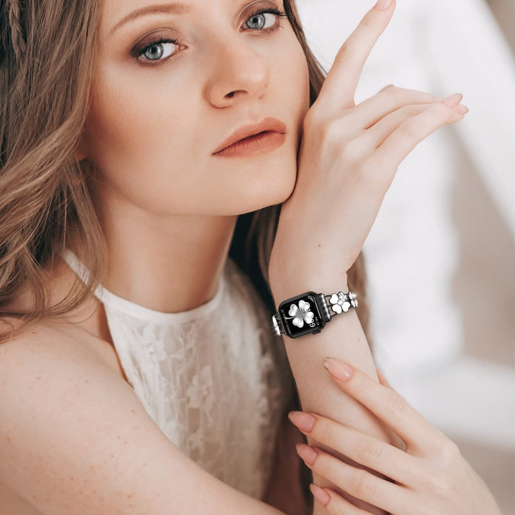 For Apple Watch 42mm Petal Metal Diamond Watch Band(Black+White) -  by PMC TechLife | Online Shopping South Africa | PMC TechLife