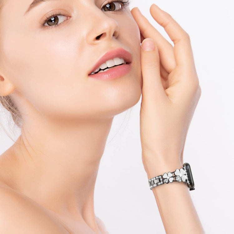 For Apple Watch 42mm Petal Metal Diamond Watch Band(Black+White) -  by PMC TechLife | Online Shopping South Africa | PMC TechLife