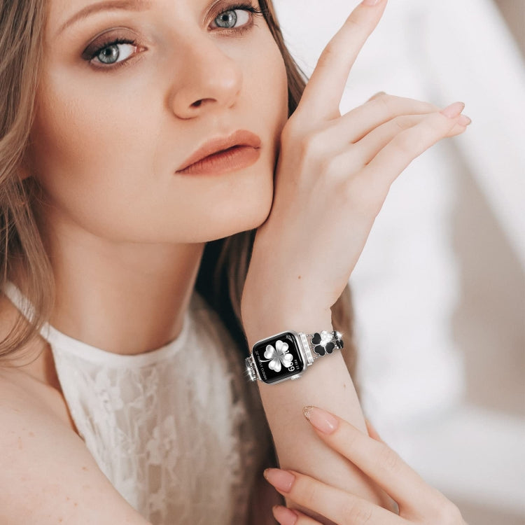For Apple Watch 42mm Petal Metal Diamond Watch Band(Silver+Black) - Watch Bands by PMC TechLife | Online Shopping South Africa | PMC TechLife