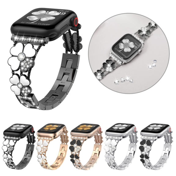 For Apple Watch 38mm Petal Metal Diamond Watch Band(Black+White)