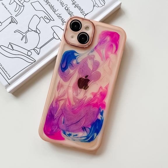 For iPhone 14 Plus Oil Painting Electroplating TPU Phone Case(Pink)