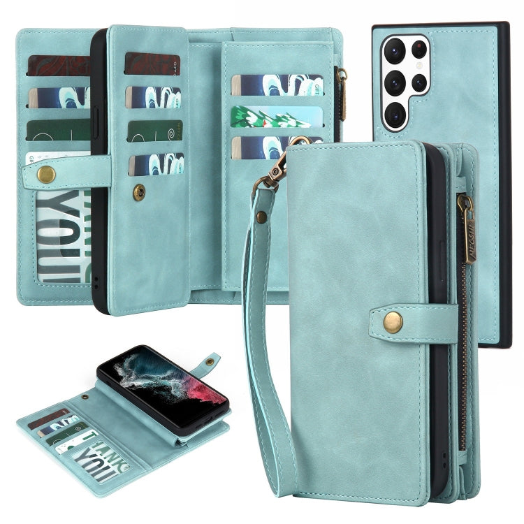 For Samsung Galaxy S22 Ultra 5G Zipper Wallet Magnetic Detachable Leather Phone Case(Blue) - free shipping - PMC TechLife - Order now!