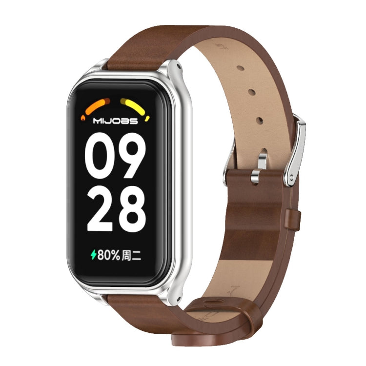 For Xiaomi Smart Band 8 Active / Redmi Band 2 Mijobs Metal Shell Microfiber PU Leather Watch Band(Brown Silver) - free shipping - PMC TechLife - Order now!